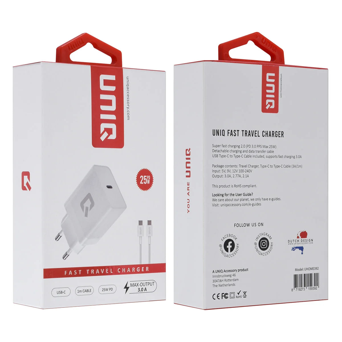 UNIQ Accessory Snellader PD 25W Adapter met USB Type-C kabel - Wit